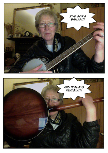 Banjo being played with teeth by middle-aged woman wearing specs